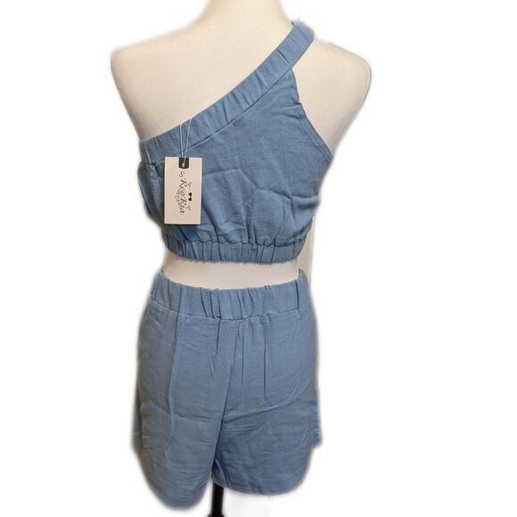 ReoRia NWT cornflower dusty blue 2pc halter top & shorts, linen blend, size S - Picture 2 of 9